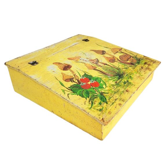 Vintage 60s Garden Mushrooms Hinged Lap Desk Stationary Box Hand Painted Signed